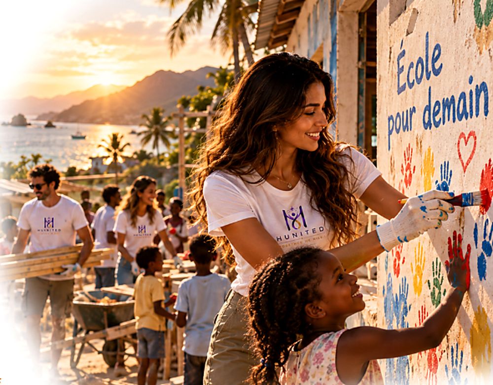 Bénévole peignant une fresque « École pour demain » avec une enfant