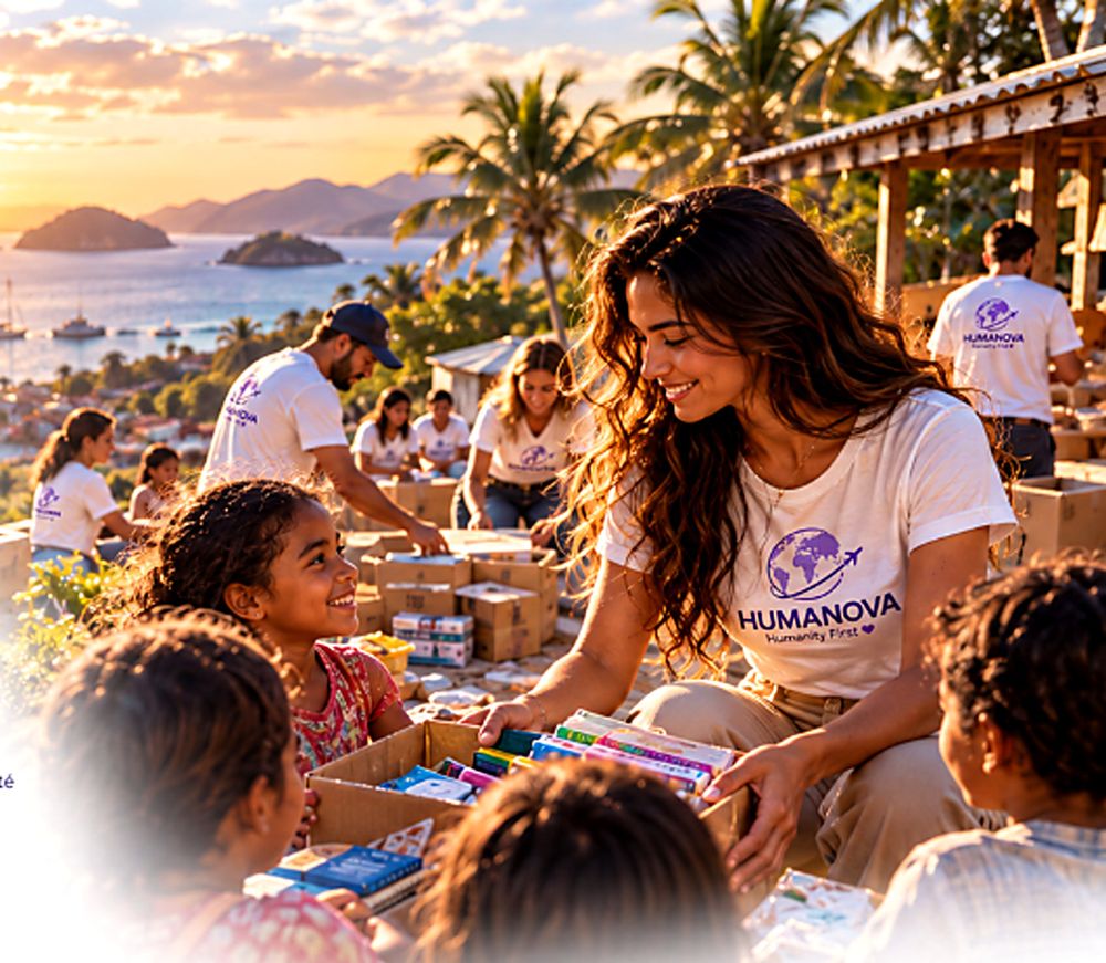 Distribution de fournitures scolaires à des enfants